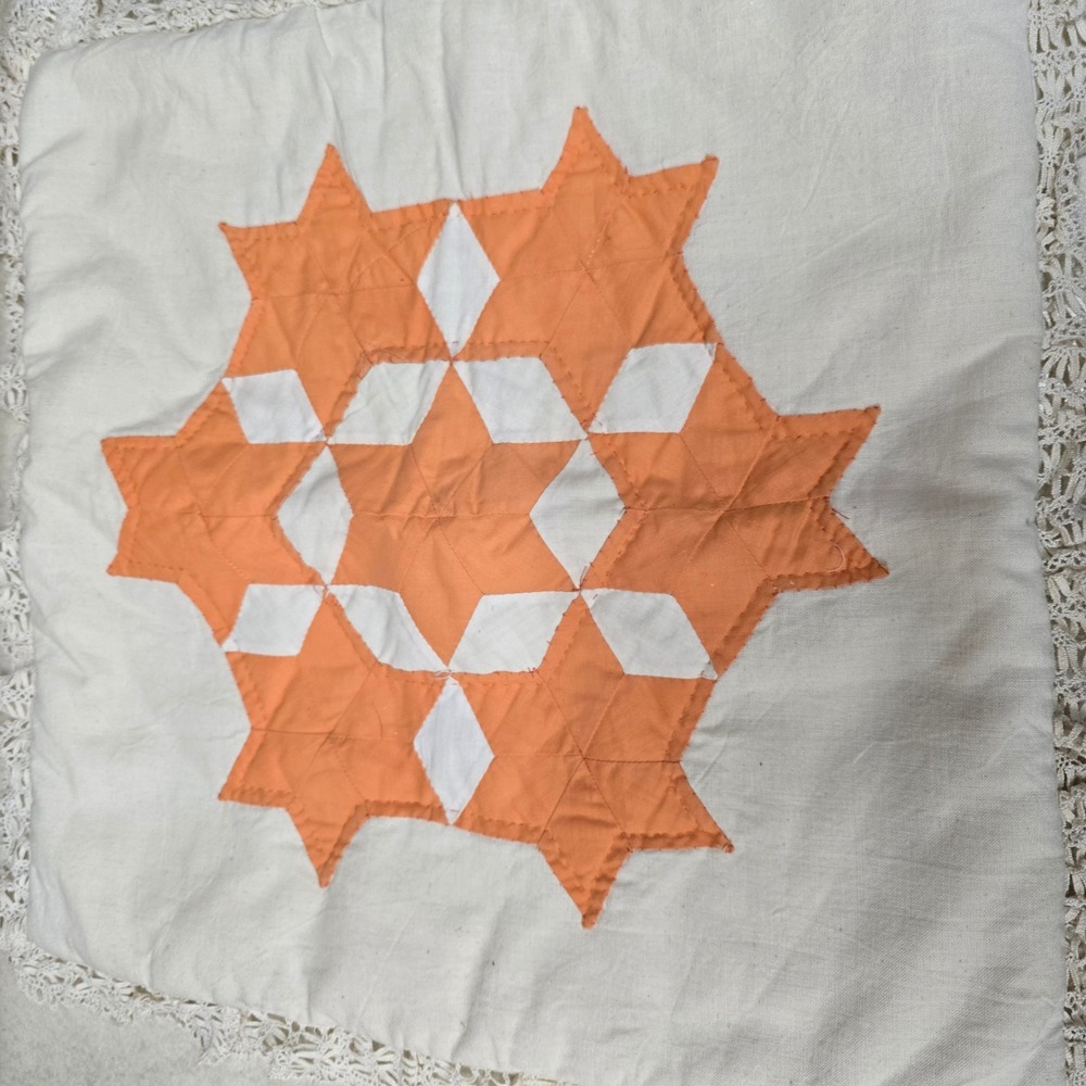 Vintage Handmade‎ Quilted Star Pillow Sham Orange White Crochet Lace Trim 18x18